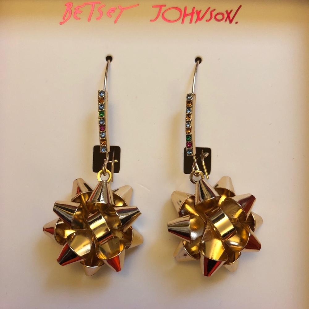 Betsey Johnson Gold Tone Metal Bow Drop Earrings Crystal Accents NIB